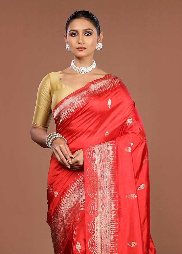 Red Handloom Katan Pure Silk Saree With Blouse Piece