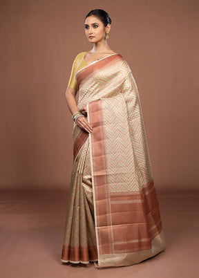Cream Kora Silk Saree With Blouse Piece