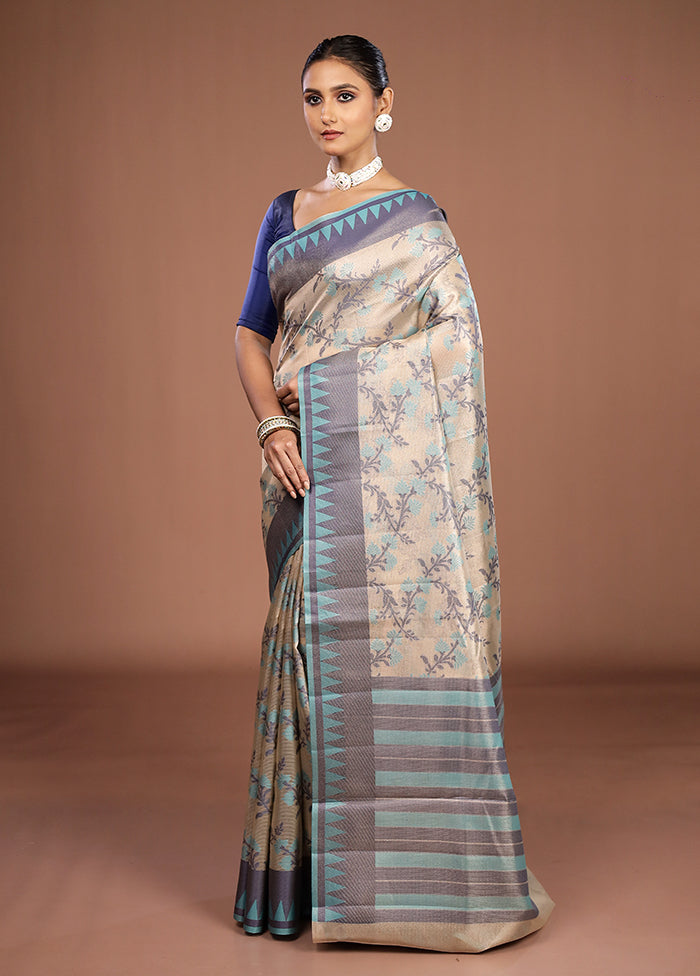 Cream Kora Silk Saree With Blouse Piece