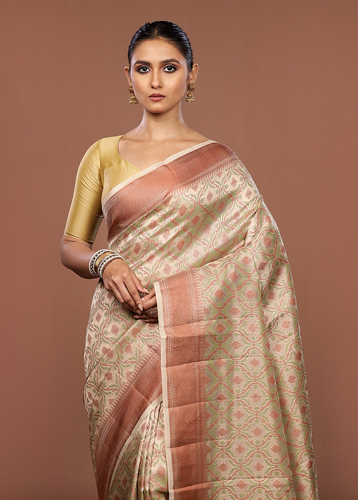 Cream Kora Silk Saree With Blouse Piece
