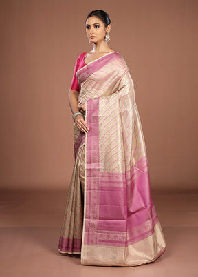 Cream Kora Silk Saree With Blouse Piece
