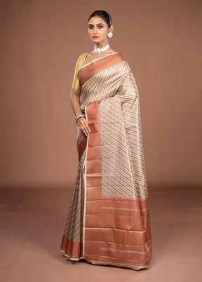 Cream Kora Silk Saree With Blouse Piece