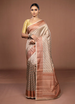 Cream Kora Silk Saree With Blouse Piece