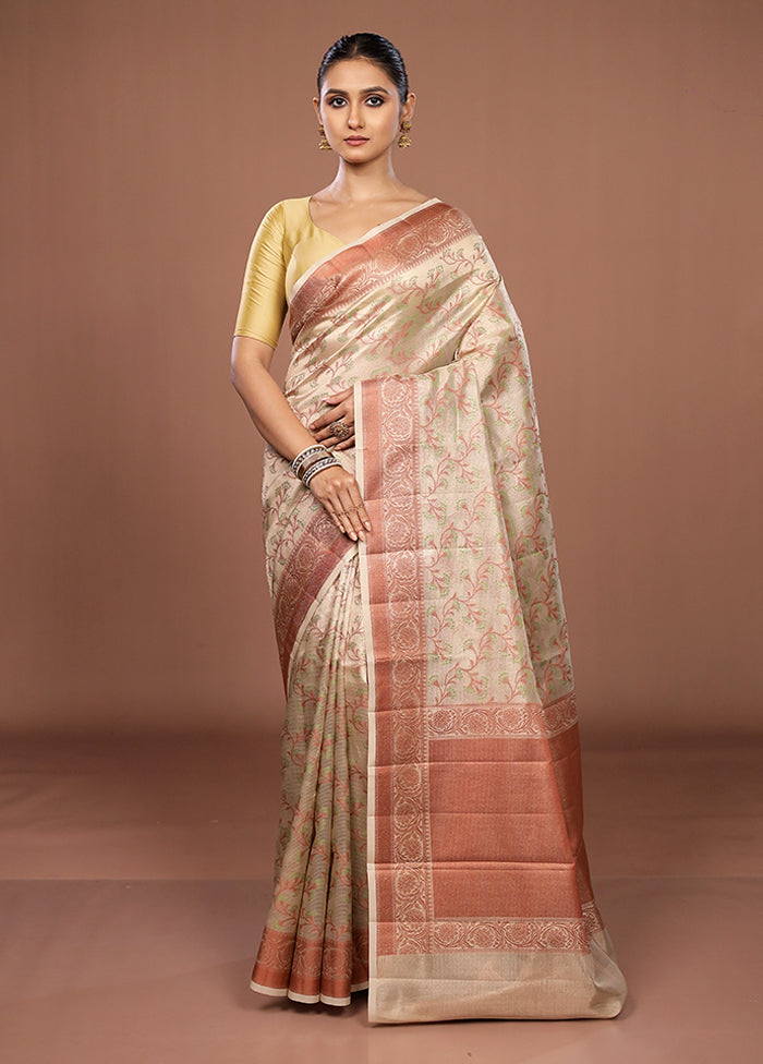 Cream Kora Silk Saree With Blouse Piece