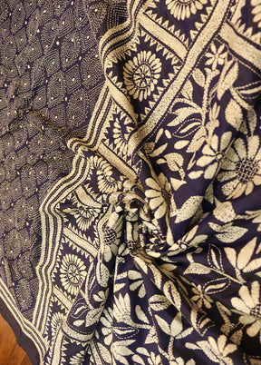 Blue Kantha Stitch Silk Saree With Blouse Piece