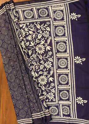 Blue Kantha Stitch Silk Saree With Blouse Piece