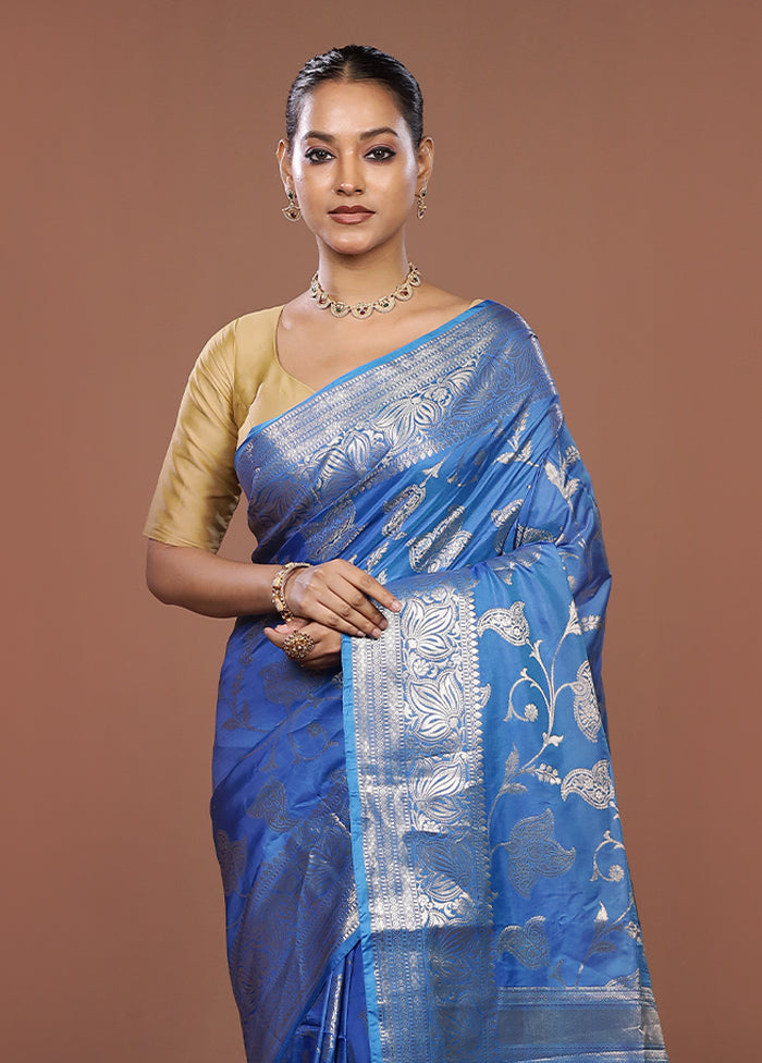 Blue Dupion Silk Saree With Blouse Piece