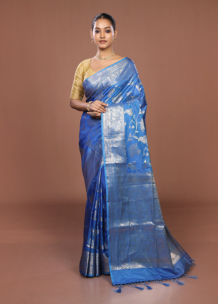Blue Dupion Silk Saree With Blouse Piece