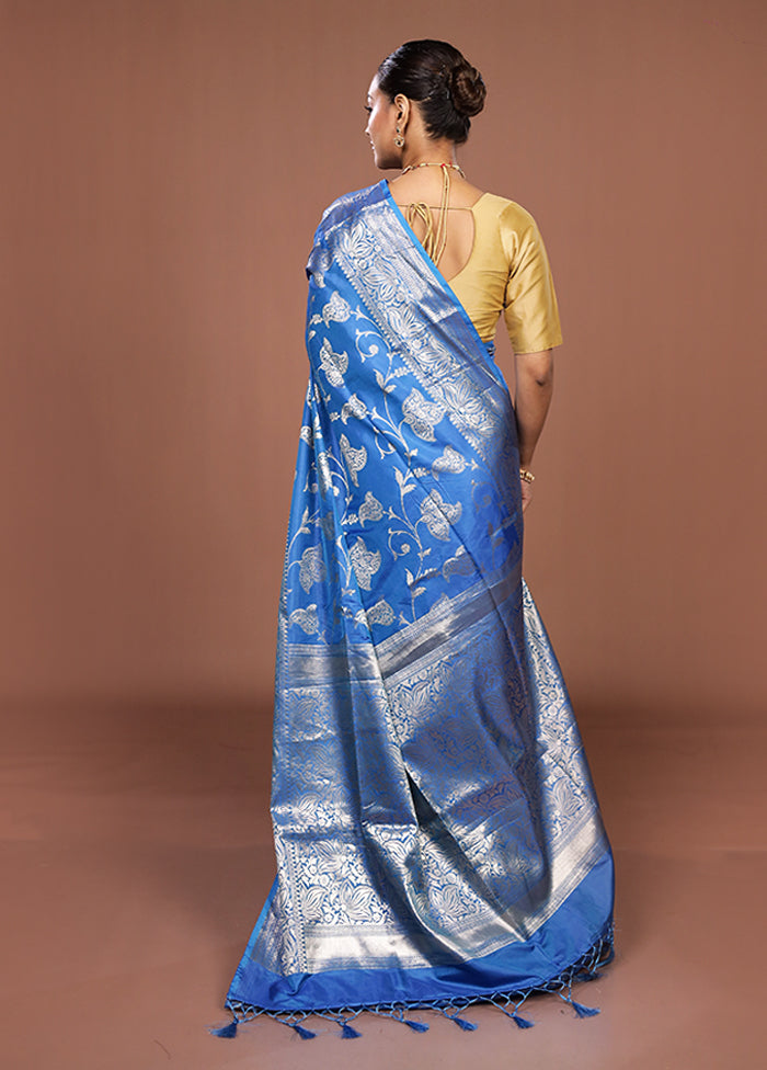 Blue Dupion Silk Saree With Blouse Piece