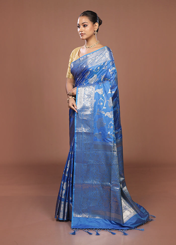 Blue Dupion Silk Saree With Blouse Piece