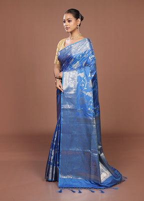 Blue Dupion Silk Saree With Blouse Piece