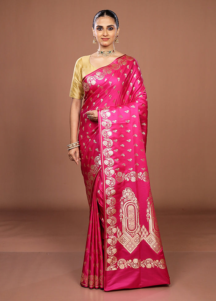 Pink Banarasi Silk Saree With Blouse Piece