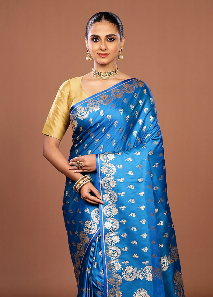 Blue Banarasi Silk Saree With Blouse Piece
