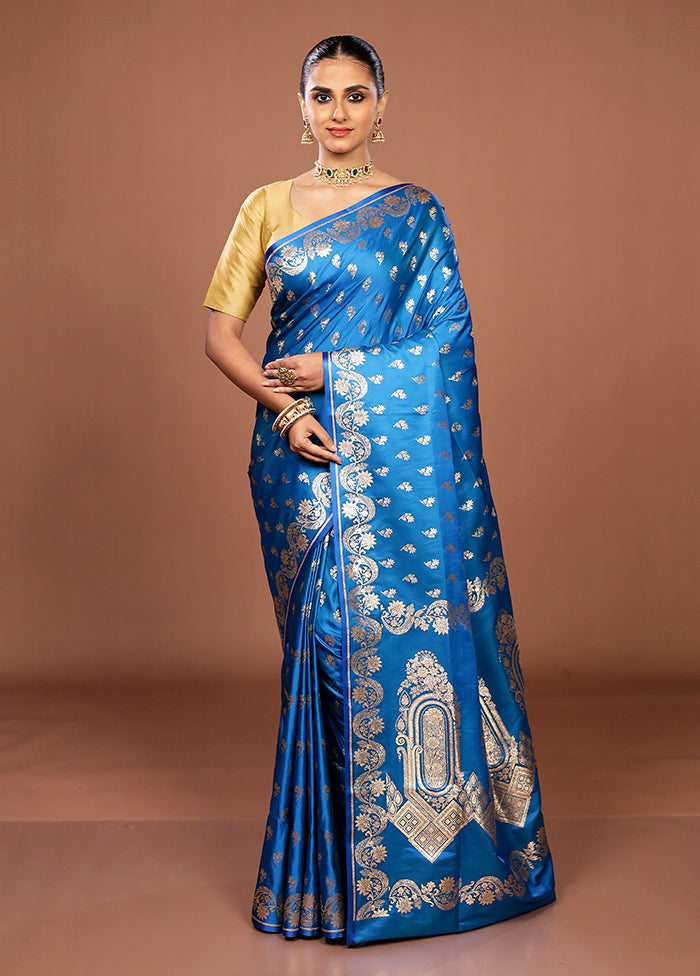 Blue Banarasi Silk Saree With Blouse Piece