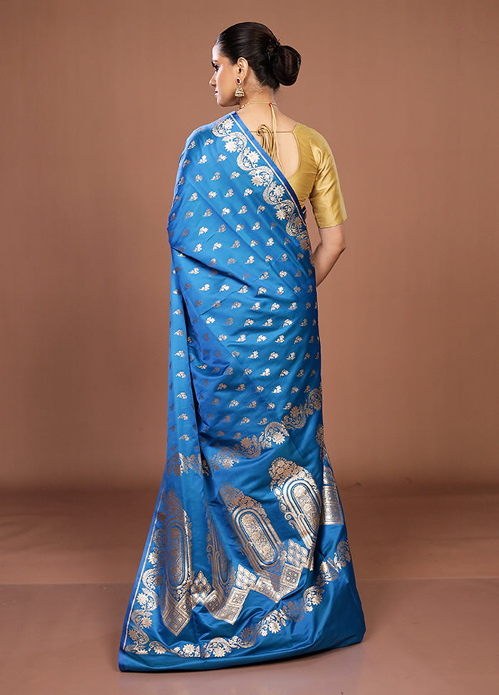 Blue Banarasi Silk Saree With Blouse Piece