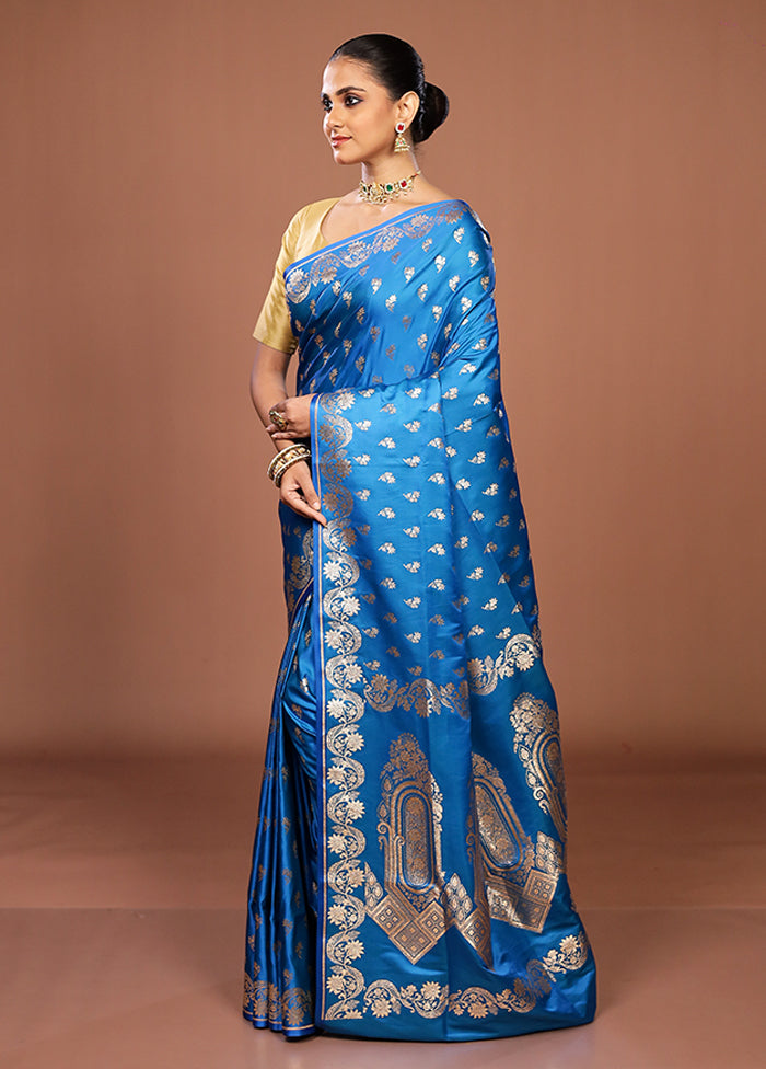 Blue Banarasi Silk Saree With Blouse Piece