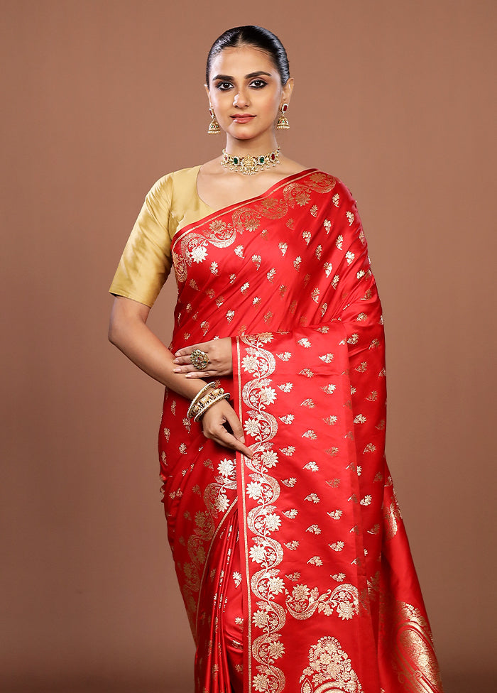 Red Banarasi Silk Saree With Blouse Piece