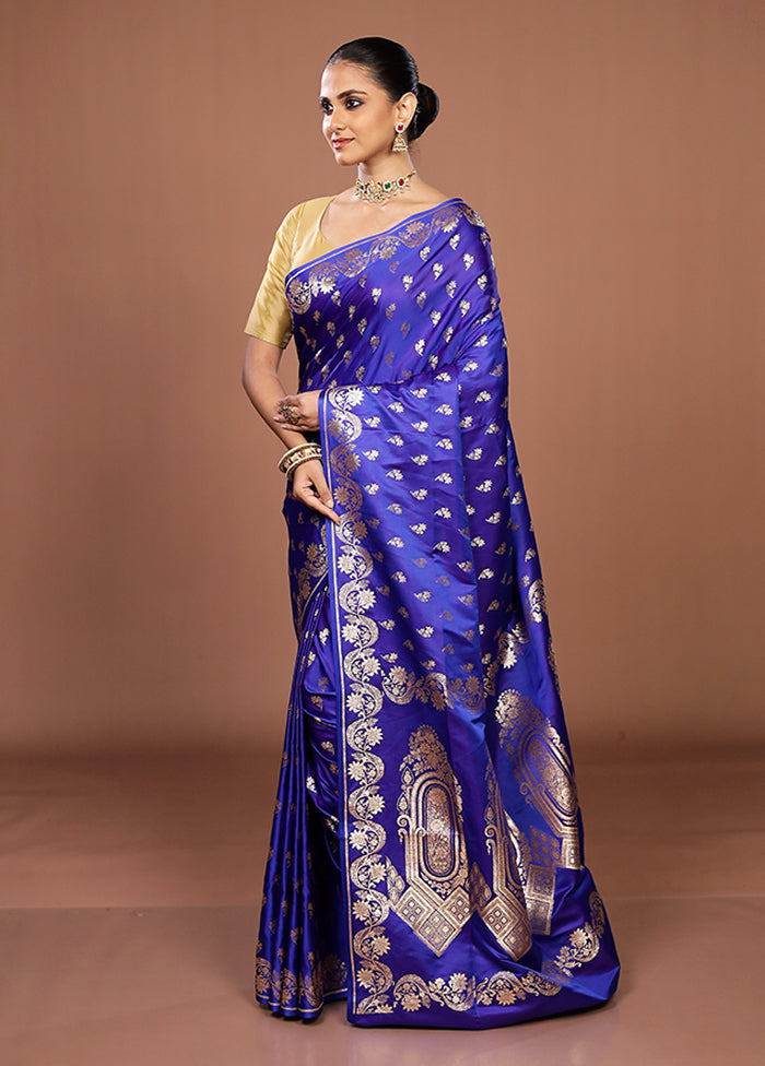 Blue Banarasi Silk Saree With Blouse Piece