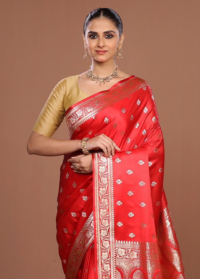 Red Banarasi Silk Saree With Blouse Piece