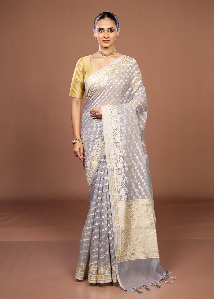 Grey Kora Silk Saree With Blouse Piece