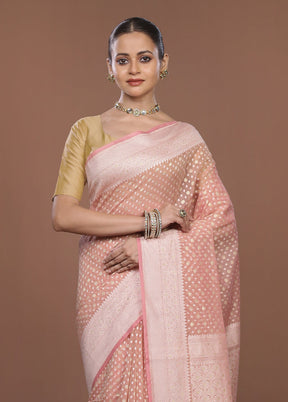 Peach Kora Silk Saree With Blouse Piece
