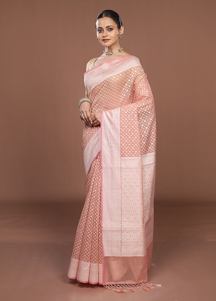 Peach Kora Silk Saree With Blouse Piece