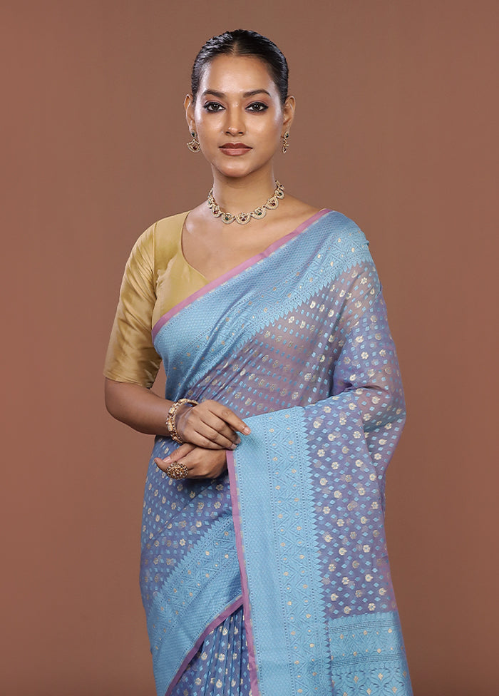 Blue Kora Silk Saree With Blouse Piece