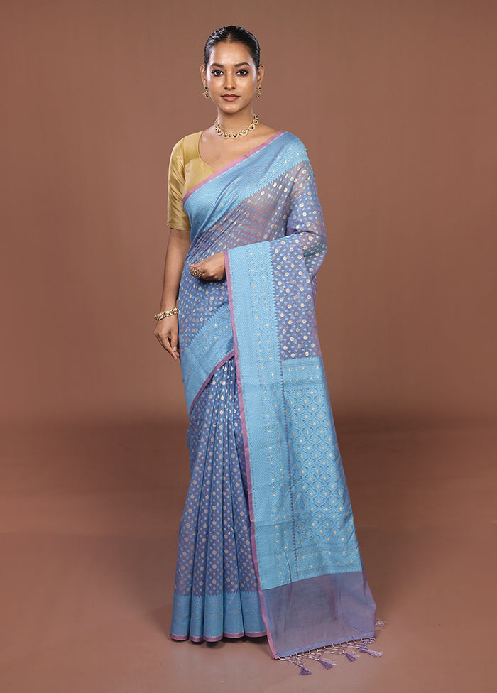 Blue Kora Silk Saree With Blouse Piece