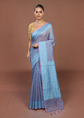 Blue Kora Silk Saree With Blouse Piece