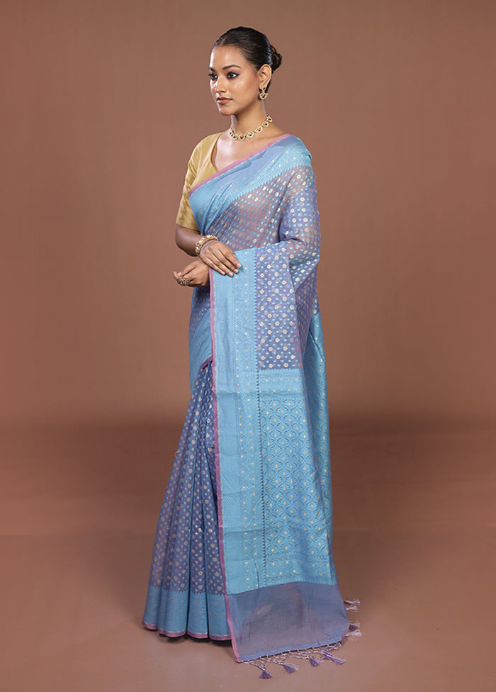 Blue Kora Silk Saree With Blouse Piece