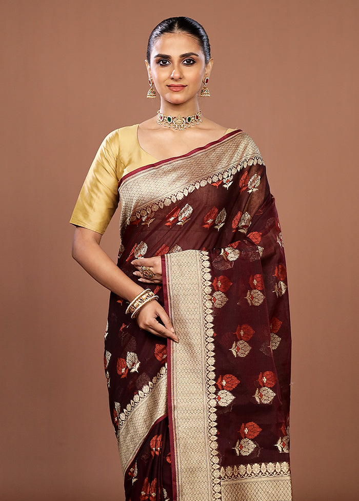 Maroon Kora Silk Saree With Blouse Piece