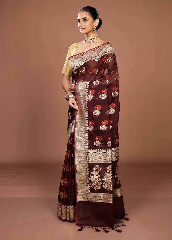 Maroon Kora Silk Saree With Blouse Piece