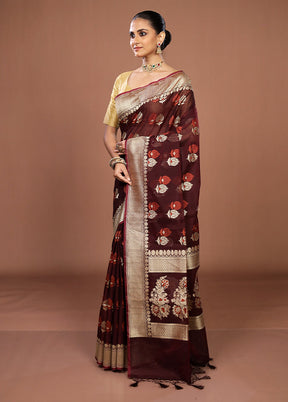 Maroon Kora Silk Saree With Blouse Piece