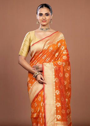 Orange Kora Silk Saree With Blouse Piece