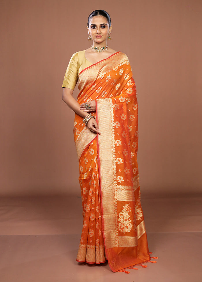 Orange Kora Silk Saree With Blouse Piece
