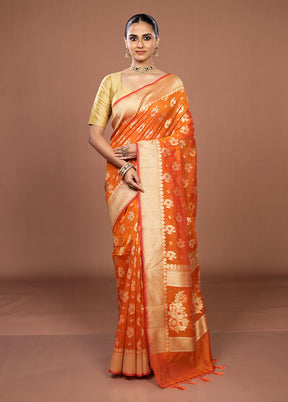 Orange Kora Silk Saree With Blouse Piece