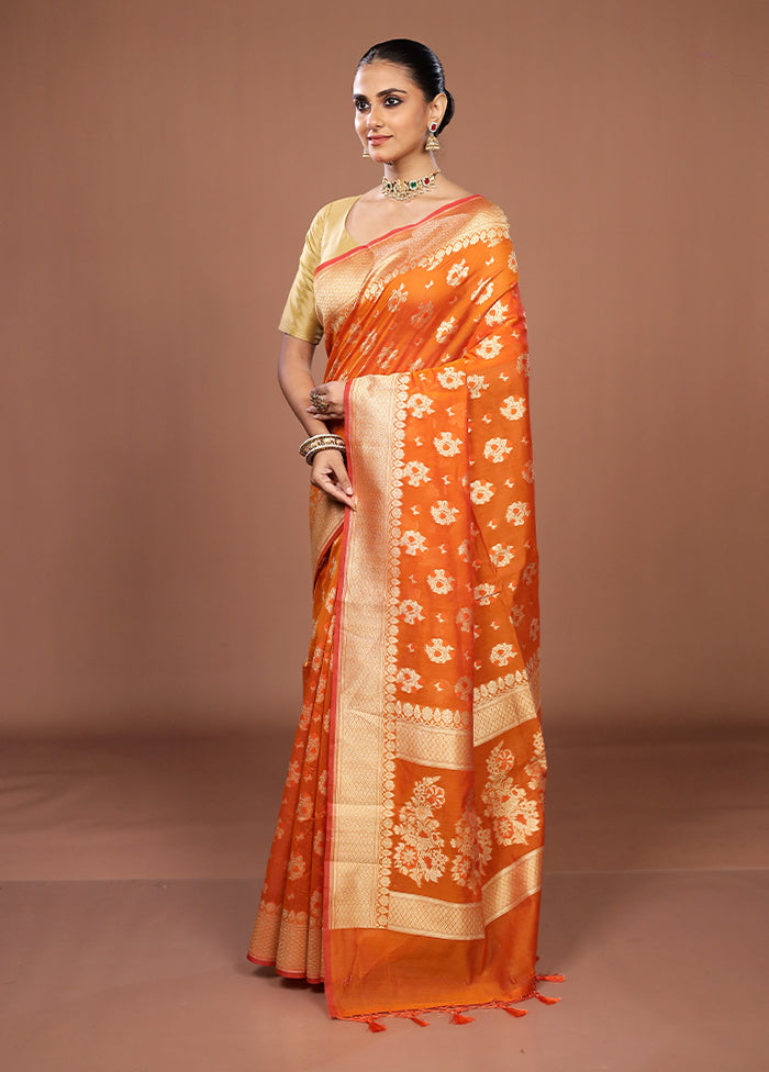 Orange Kora Silk Saree With Blouse Piece