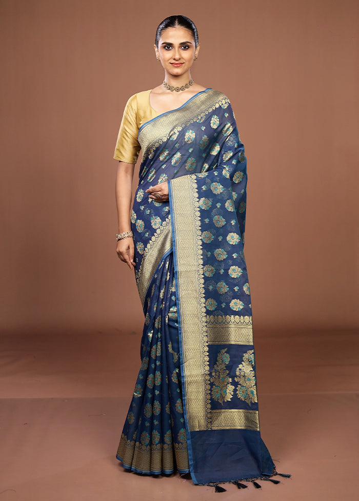 Blue Kora Silk Saree With Blouse Piece