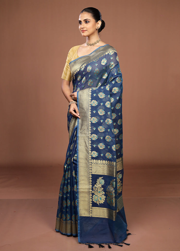 Blue Kora Silk Saree With Blouse Piece