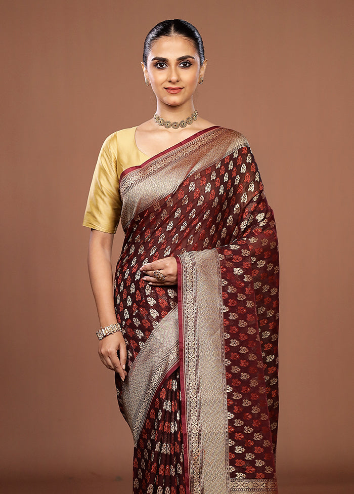 Maroon Kora Silk Saree With Blouse Piece