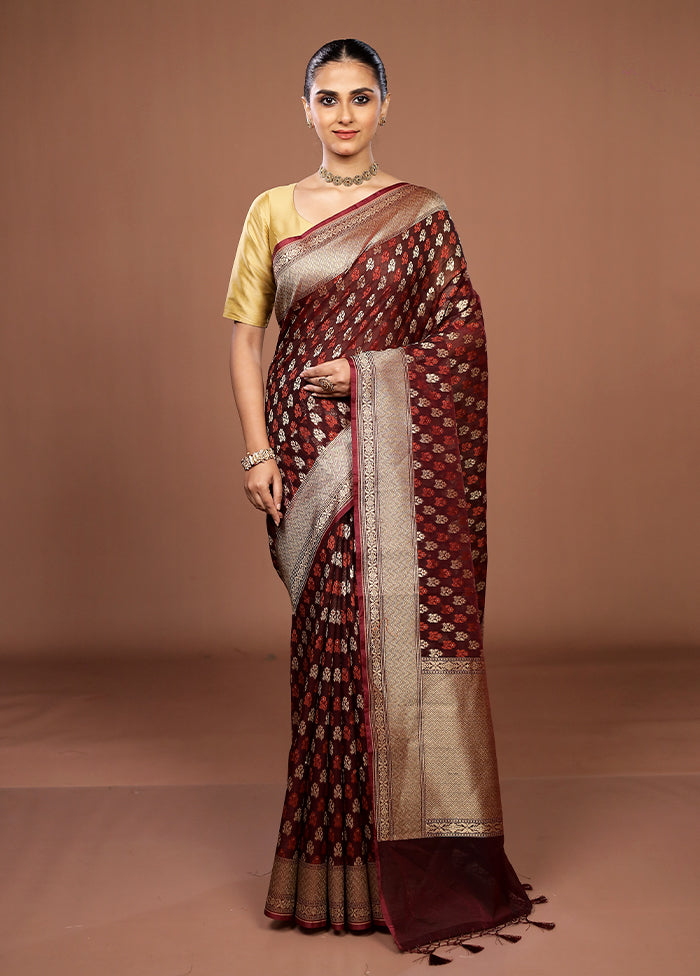 Maroon Kora Silk Saree With Blouse Piece