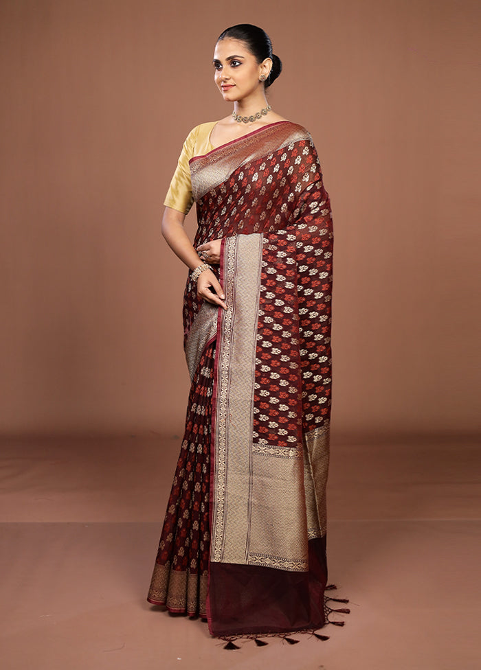 Maroon Kora Silk Saree With Blouse Piece