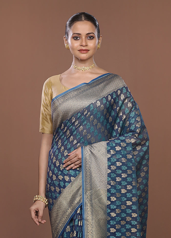 Blue Kora Silk Saree With Blouse Piece