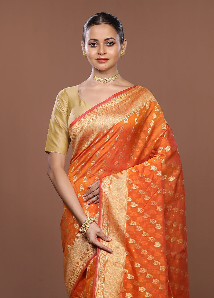 Orange Kora Silk Saree With Blouse Piece
