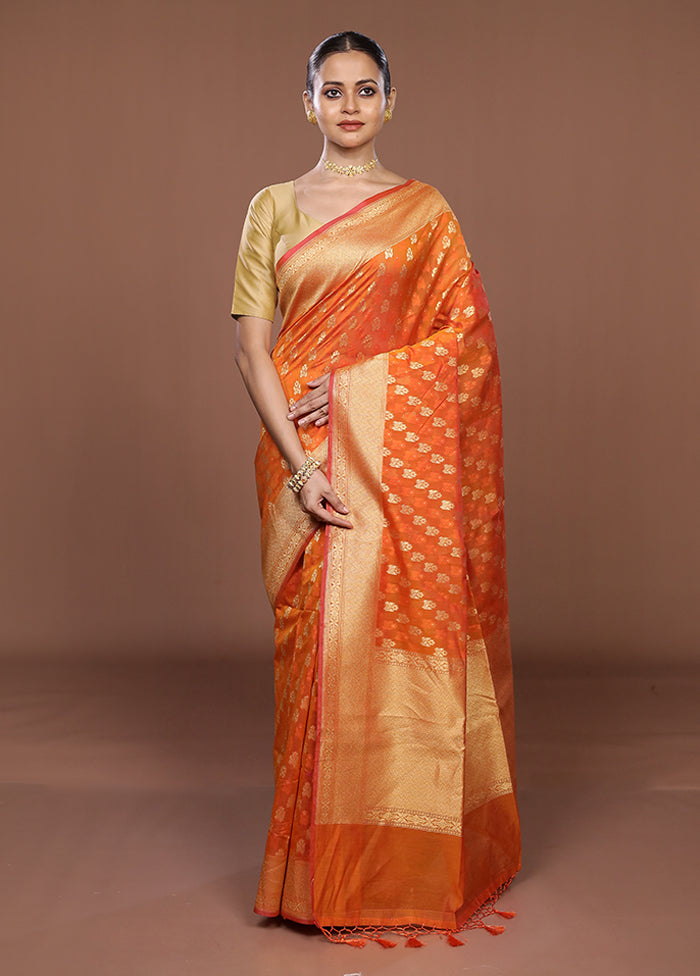 Orange Kora Silk Saree With Blouse Piece
