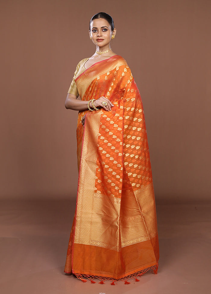 Orange Kora Silk Saree With Blouse Piece