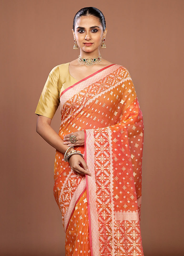 Orange Kora Silk Saree With Blouse Piece