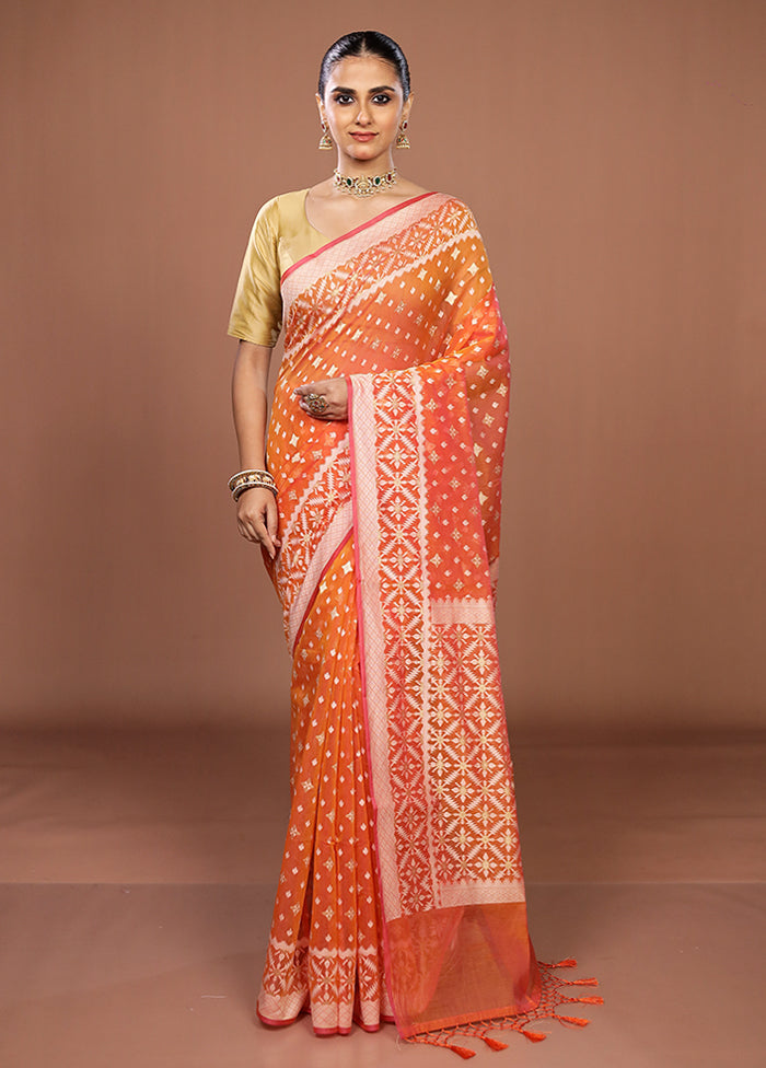 Orange Kora Silk Saree With Blouse Piece