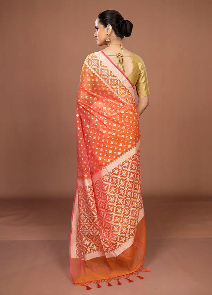 Orange Kora Silk Saree With Blouse Piece