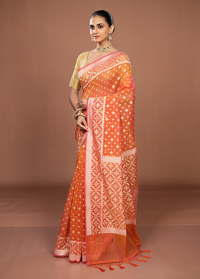 Orange Kora Silk Saree With Blouse Piece